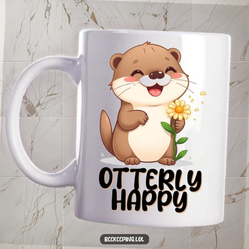 Funny playful otter happily sprinkling a flower, radiating joy and lightheartedness on a mug.
