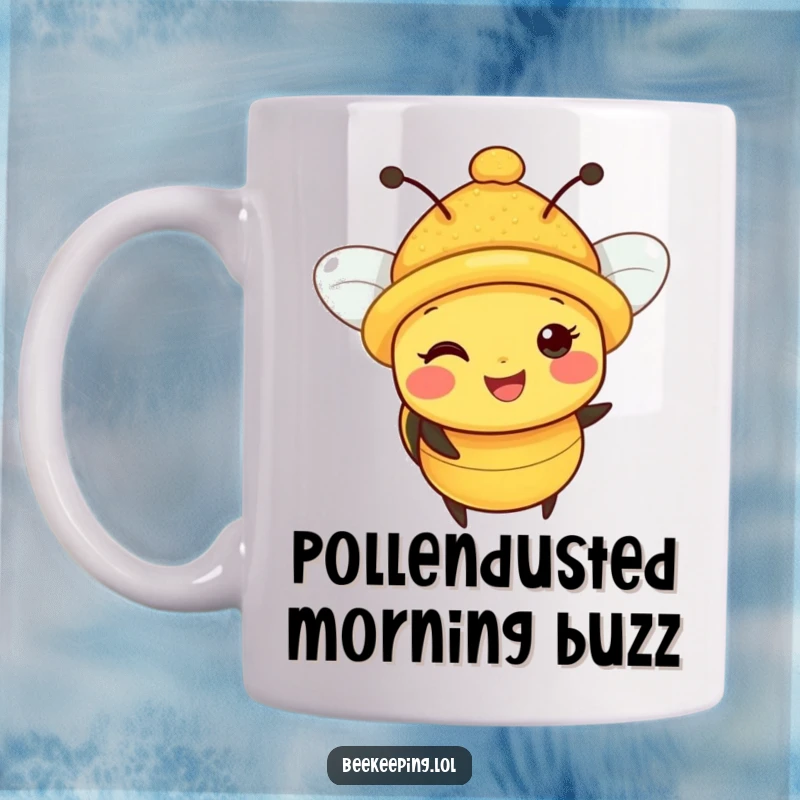 Funny Bee Mug: A happy bee sporting a tiny hat, completely covered in bright yellow pollen, looking utterly delighted.