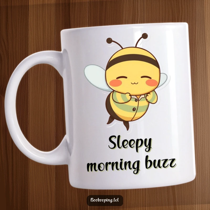 Funny mug with a wobbly bee character in striped pajamas flying with a content, sleepy grin, embodying peaceful slumber.