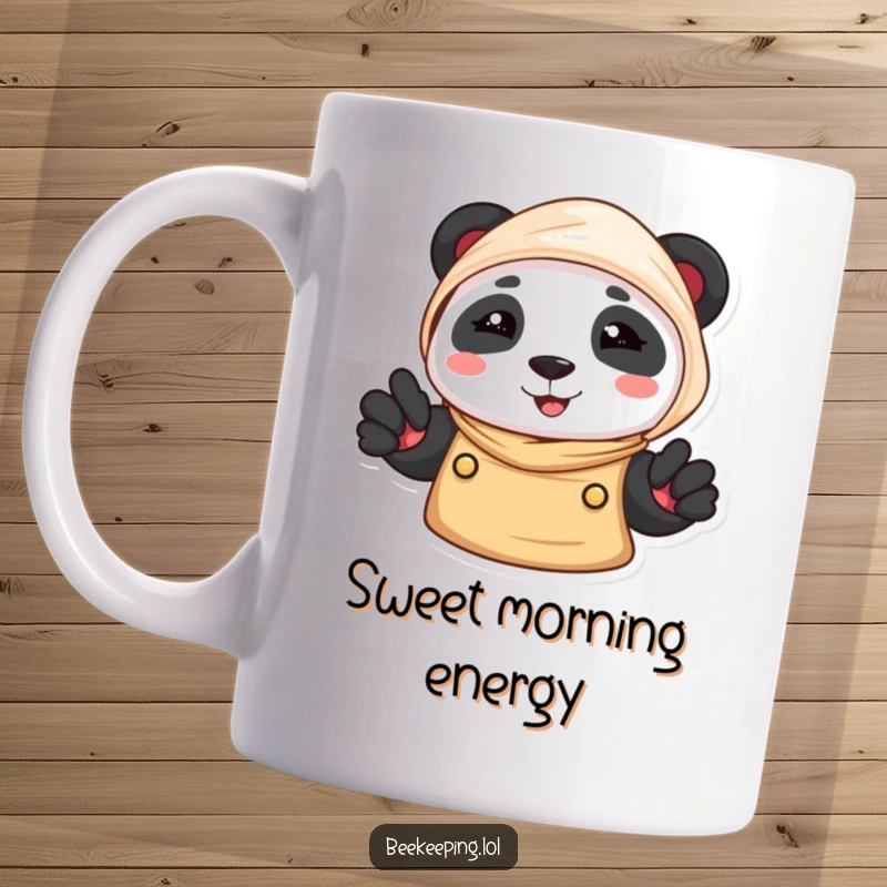 Funny Panda Beekeeper Mug: A panda in a beekeeper veil offers a happy smile, showcasing bravery and sweetness.