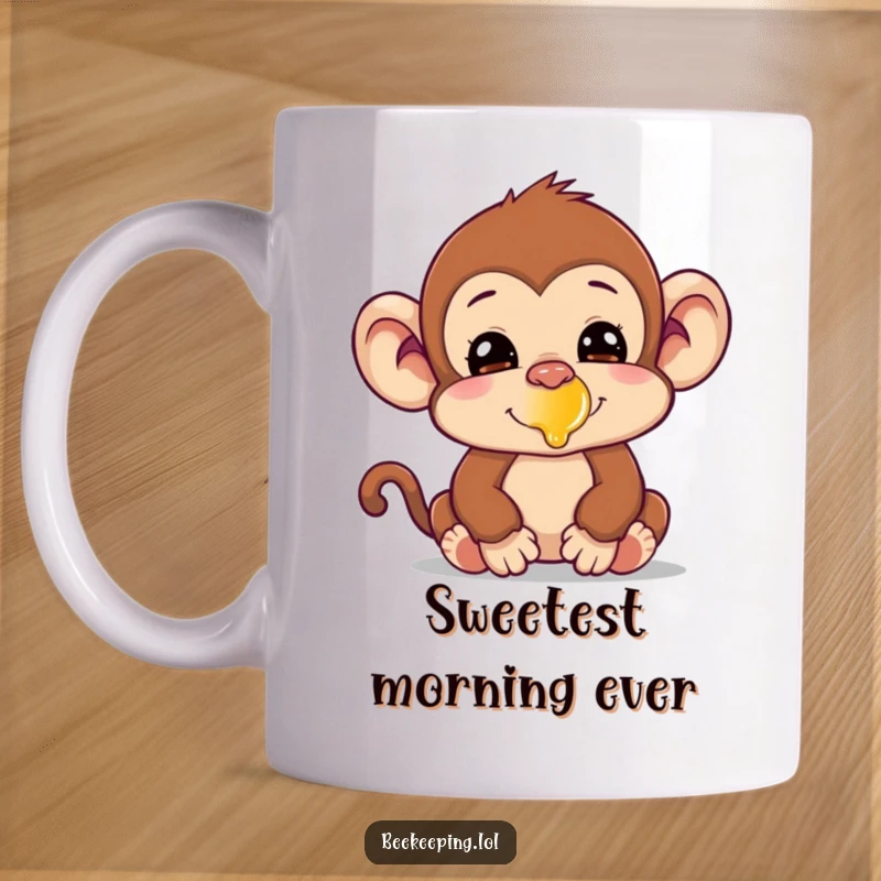 Funny silly monkey with a tiny bit of golden honey smeared on its nose, conveying a humorous and mischievous moment on this mug.