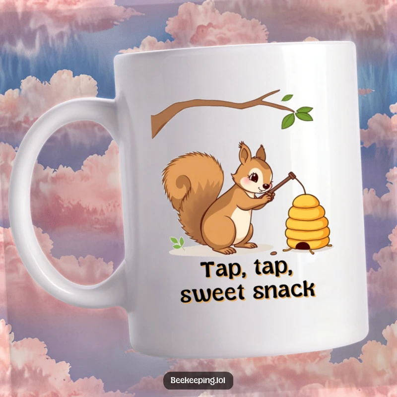 Funny squirrel with a stick gently tapping a beehive, mischievous illustration, perfect for coffee lovers, humorous gift.