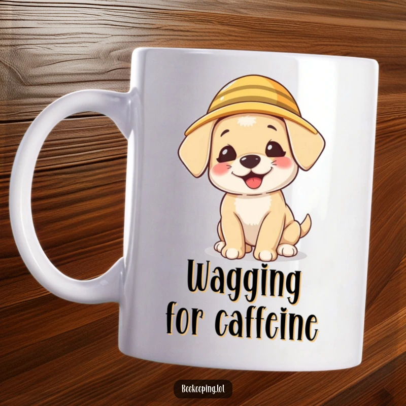 Funny Puppy Beekeeper Mug, a giggling puppy wearing a tiny beekeeper hat, cute and humorous pet design.