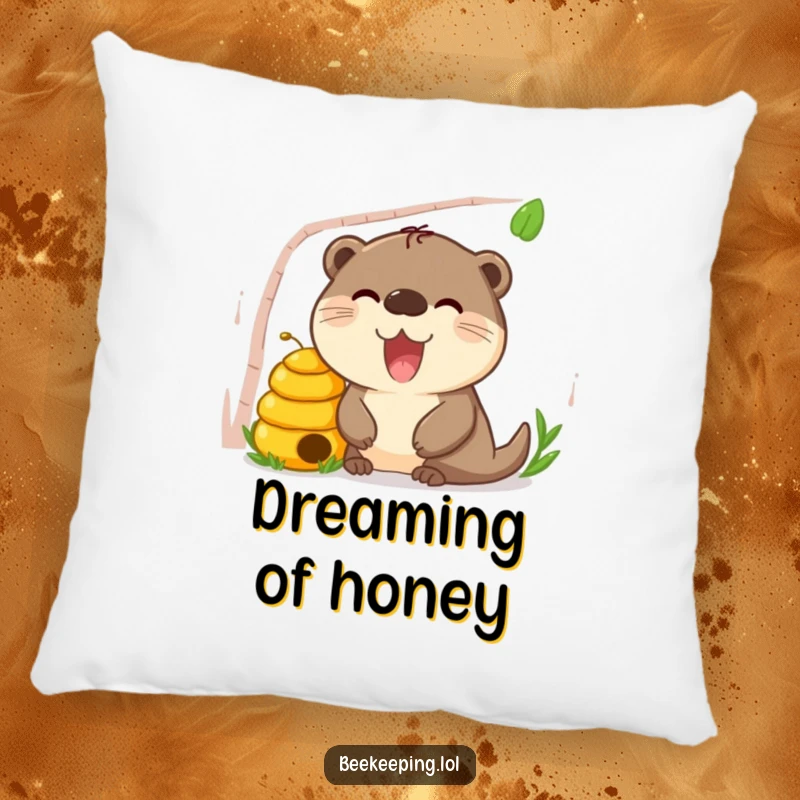 Funny Otter Beehive Pillow, soft and cozy, happy otter peeking curiously into a beehive, humorous animal accent.