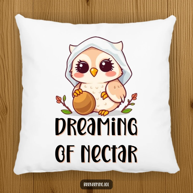 Funny Owl Beekeeper Pillow, soft and cozy, smiling owl wearing veil, tending a beehive, adorable decorative accent, humorous gift.