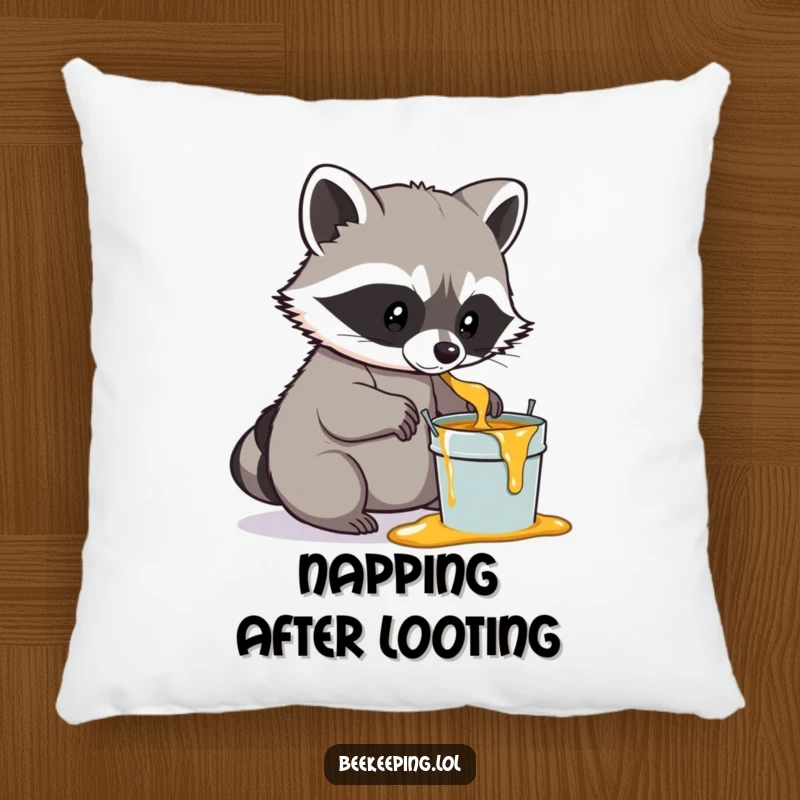 Funny Raccoon Honey Pillow, soft and cozy, a determined raccoon gently scooping honey into a small pail, humorous woodland accent.