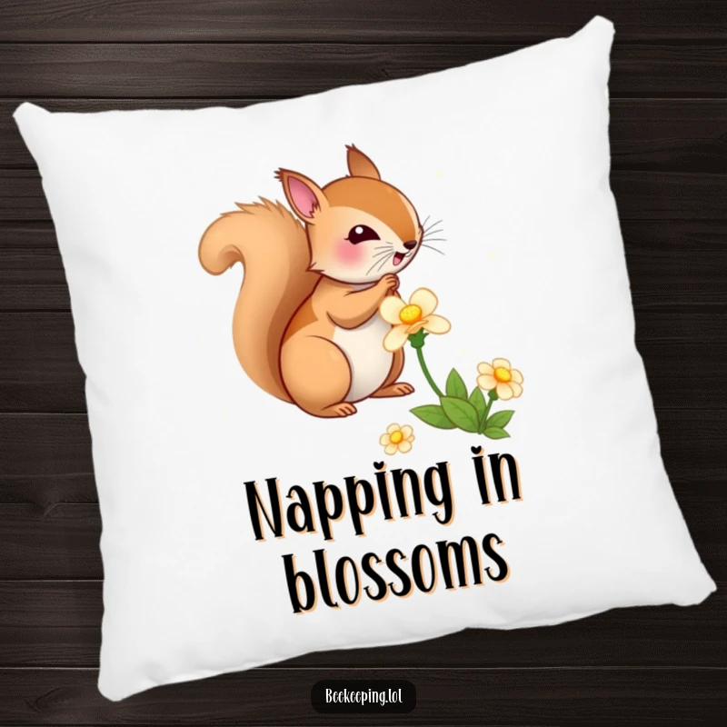 Funny Squirrel Flower Pillow, soft and cozy, bouncy squirrel gathering nectar from a flower, humorous woodland accent.