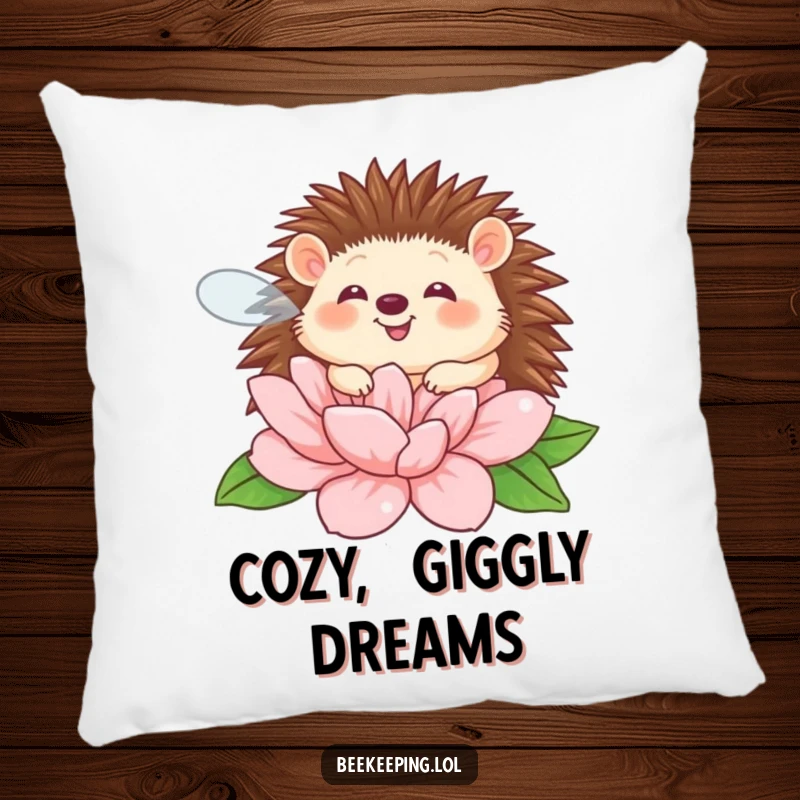 Funny giggling hedgehog buzzing around a flower on a soft pillow, adding humorous charm.