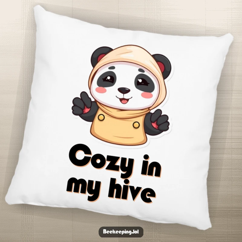 Funny Panda Beekeeper Pillow: A smiling panda in a beekeeper veil, a cozy and cute accent pillow.
