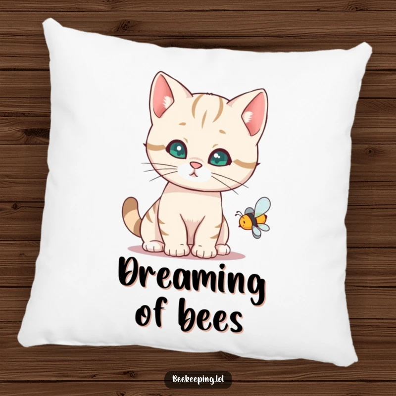 Funny cat pillow featuring a curious cat intently watching a buzzing bee, a soft and humorous decorative item.