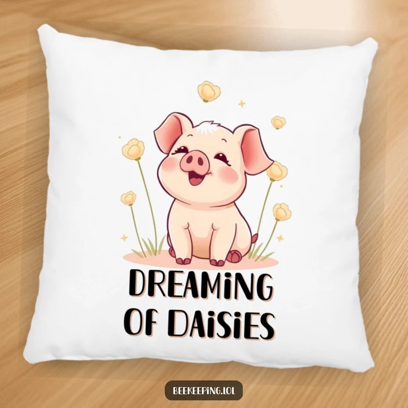 Funny pillow with a delighted piglet watching fluffy seed heads float, offering comfort and a touch of whimsical humor.