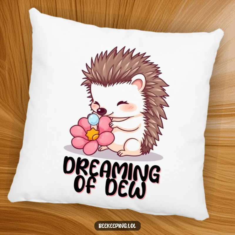 Funny Hedgehog Touching Dewdrop Pillow: A hedgehog gently touches a dewdrop on a flower, a cozy and serene accent.