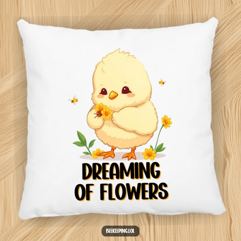 Funny pillow depicting a fluffy chick helping to collect nectar. Soft, humorous, and decorative item for any cozy room.