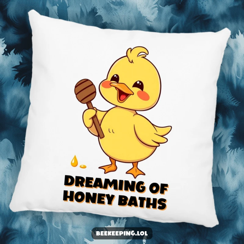 Funny delighted duck holding a honey dipper with glee, featured on a soft pillow, bringing sweet and cheerful humor to decor.
