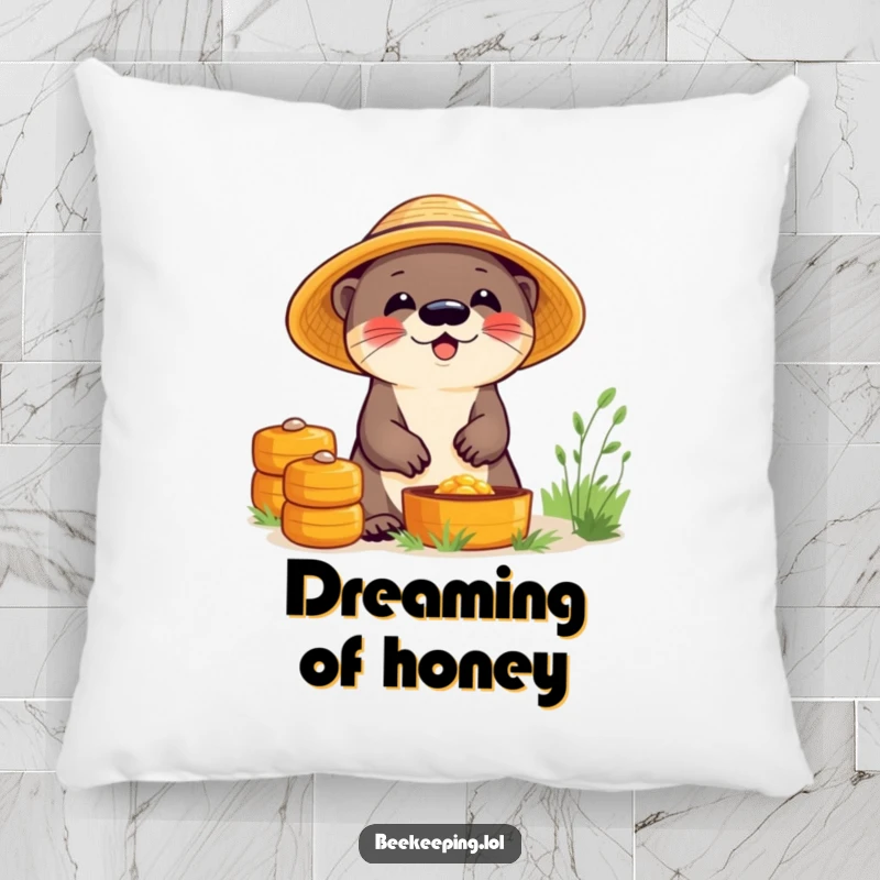Funny pillow with a giggling otter in a straw hat, tending beehives, offering comfort and a humorous touch.