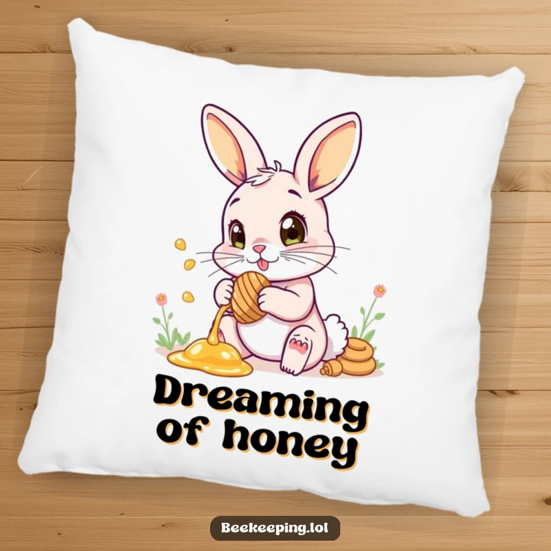 Funny pillow featuring a bunny collecting honey, its eyes wide with innocent wonder.