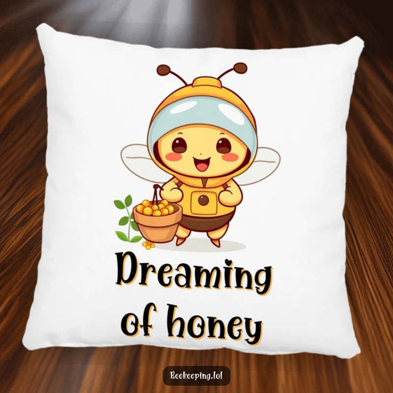 Funny Bee Pillow: Soft pillow featuring a happy beekeeper bee collecting nectar, offering comfort and a smile.
