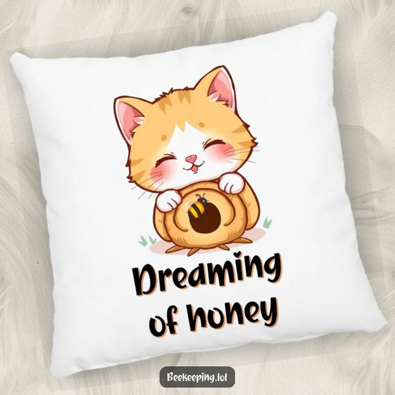 Funny pillow design: a giggling cat curiously looks into a small beehive, offering soft comfort and a humorous touch to any room.