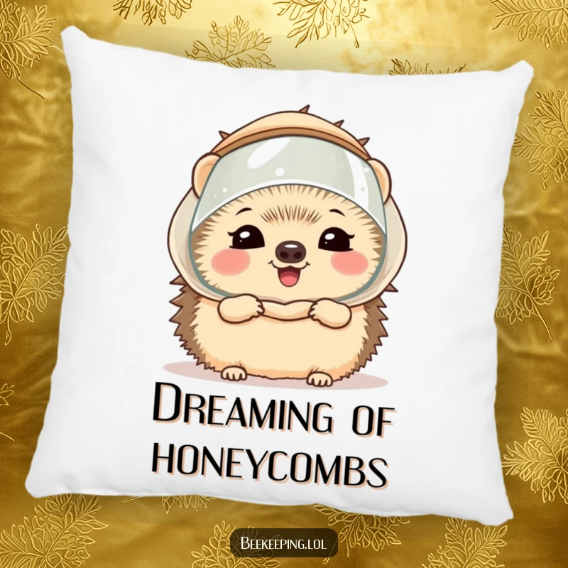 Funny hedgehog in a miniature beekeeper veil, giggling happily, featured on a soft pillow, bringing cheerful humor to any room.