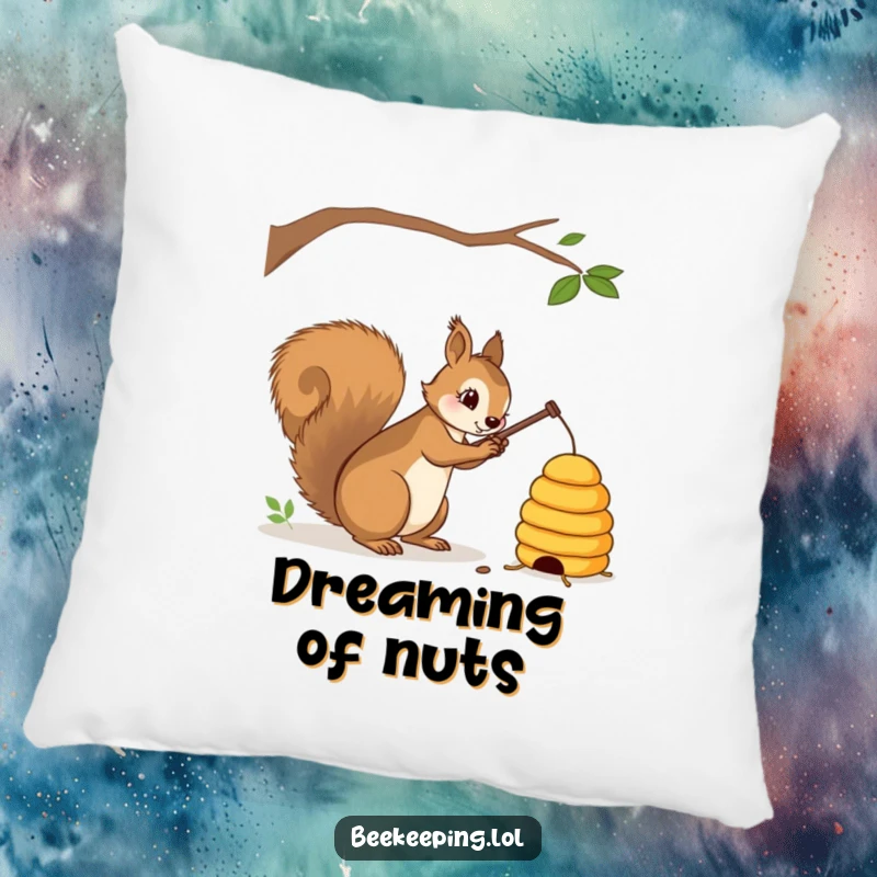 Funny squirrel with a stick gently tapping a beehive on a soft pillow, decorative and comfortable, humorous gift.