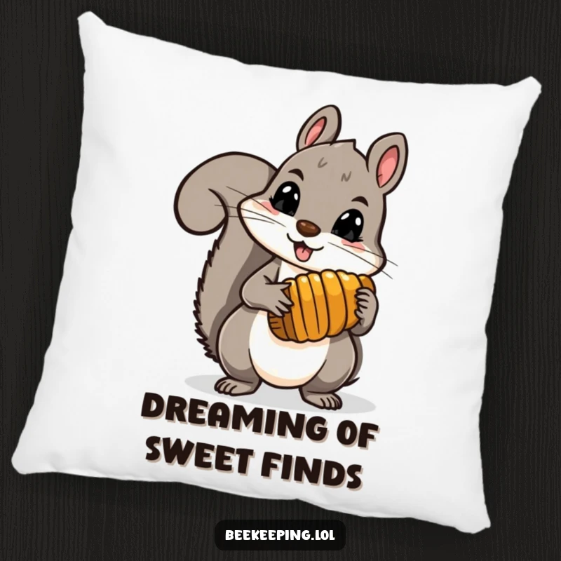 Funny brave squirrel holding a comb full of honey, featured on a soft pillow, bringing wild and sweet humor to decor.