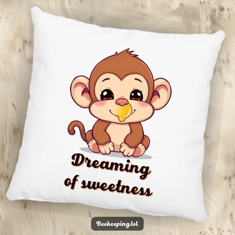 Funny silly monkey with honey on its nose on a soft pillow, adding humorous charm to any seating.