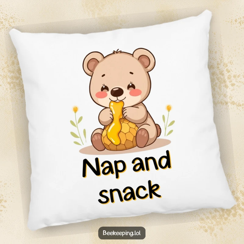 Funny smiling bear cub gently collecting honey from a dripping comb, a soft and humorous decorative pillow.