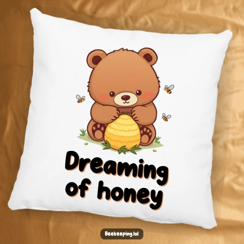 Funny Bear Pillow: A plush pillow showcasing a determined bear with a gentle touch, tending to a busy beehive.