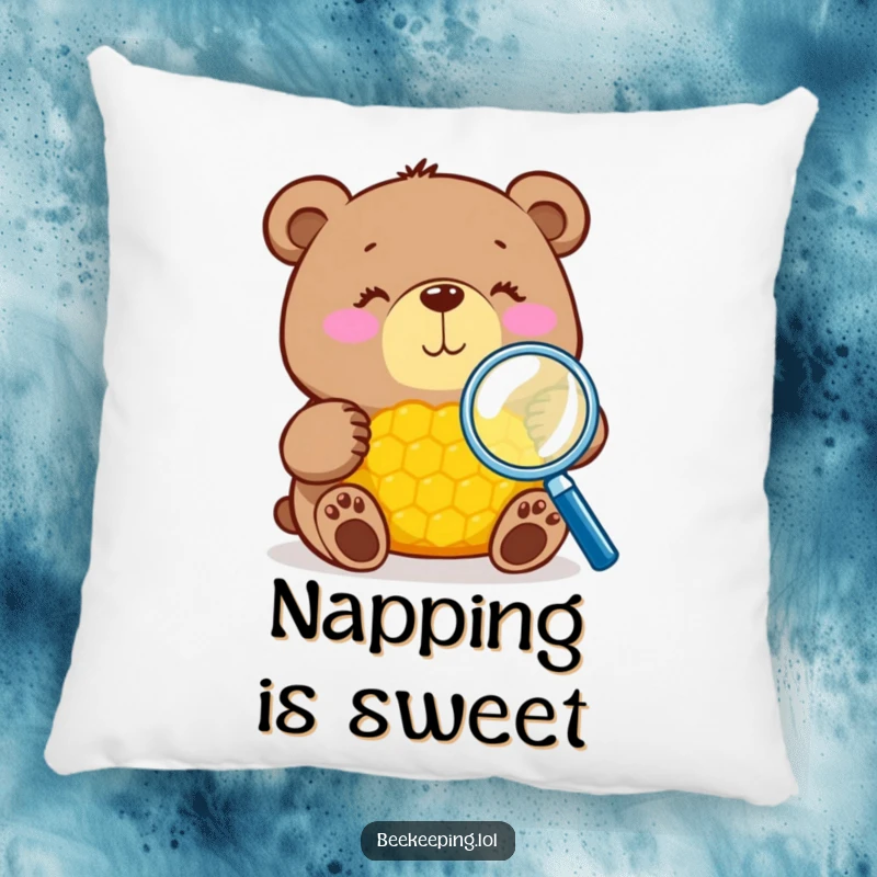 Funny bear with magnifying glass inspecting honeycomb on a soft pillow, decorative and comfortable, humorous gift.