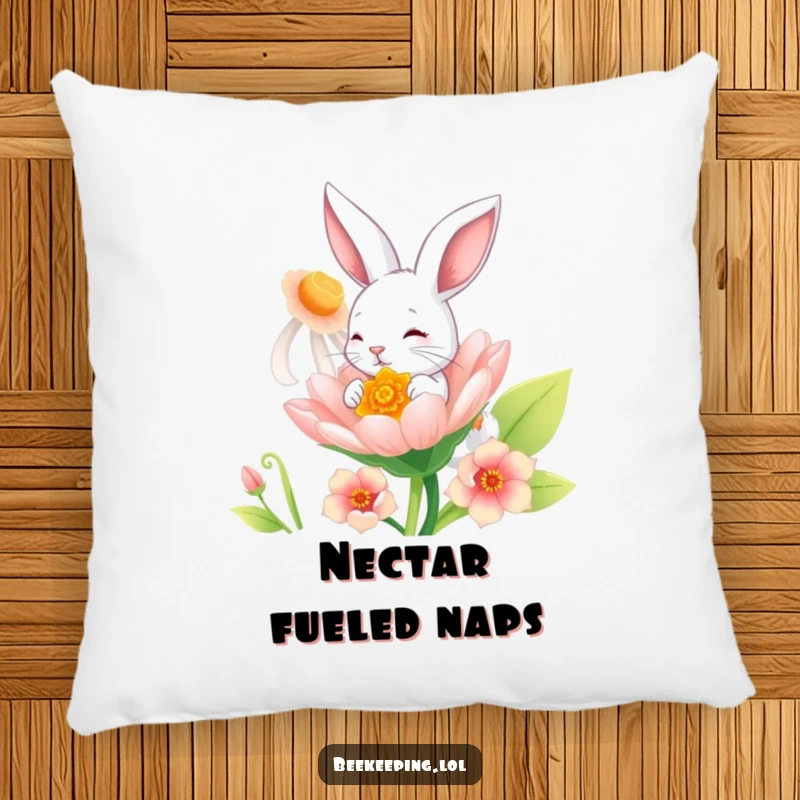 Funny Bunny Pillow: A soft, plush pillow showing a playful bunny enjoying a drink from a giant, beautiful flower.