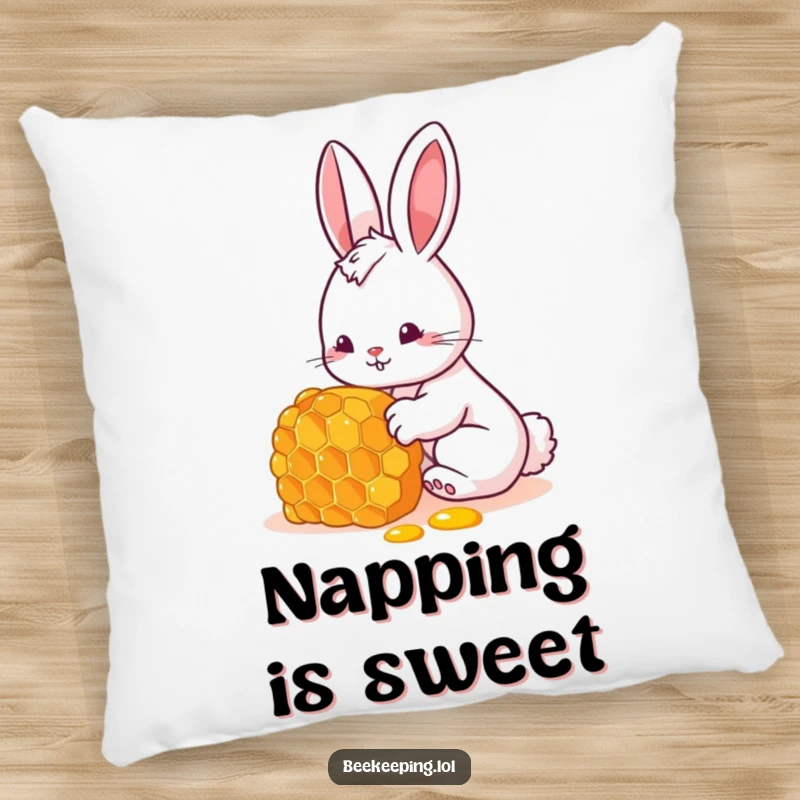 Funny bunny pillow showing a curious rabbit looking into a honeycomb, a cozy funny gift.