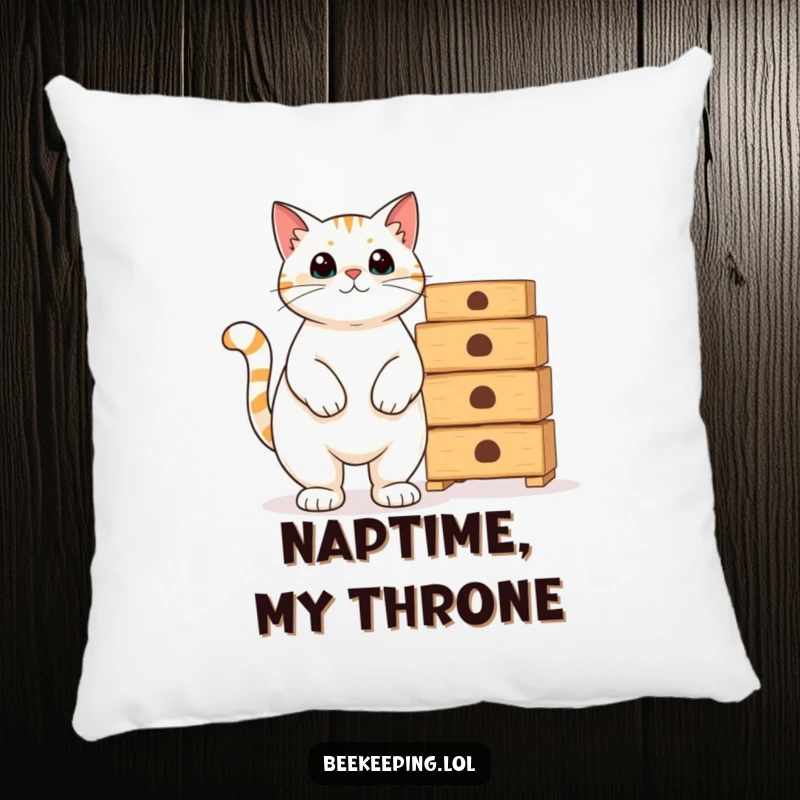 Funny proud cat beside empty beekeeping hives on a soft pillow, adding humorous charm.