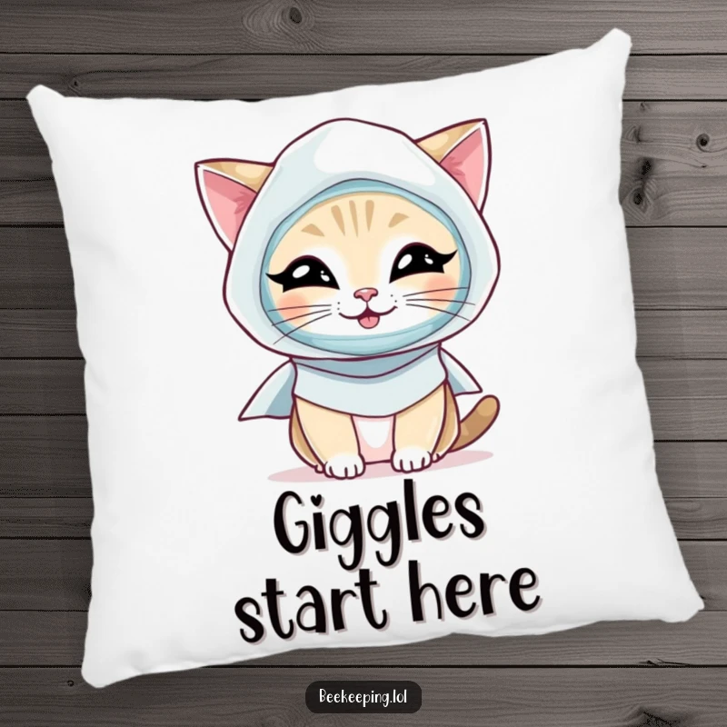 Funny Cat Pillow: A soft pillow showcasing a giggling cat fully dressed in beekeeper protective gear.