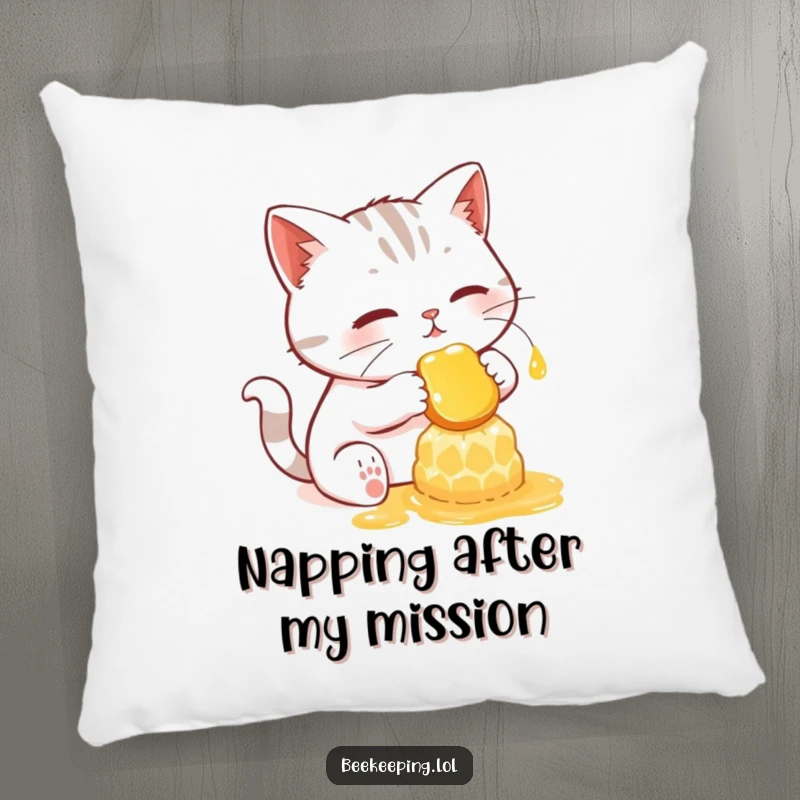 Funny pillow featuring a determined cat gently collecting honey from a glowing honeycomb.