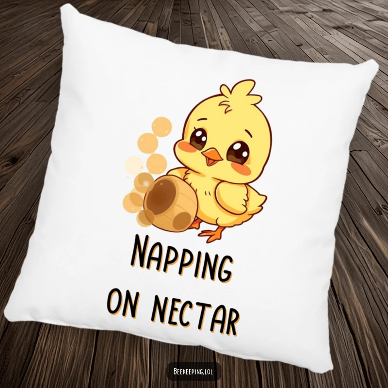 Funny pillow with a cheerful chick pecking at a honeycomb, eyes wide with curiosity, offering comfort and sweetness.