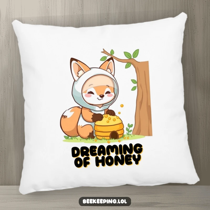 Funny fox beekeeper pillow, smiling fox in a suit, tending a beehive, soft and decorative, perfect funny gift.