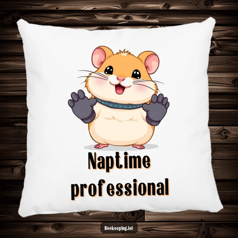 Funny pillow depicting a smiling hamster wearing tiny work gloves, ready for a day's work. Soft and humorous decorative item.