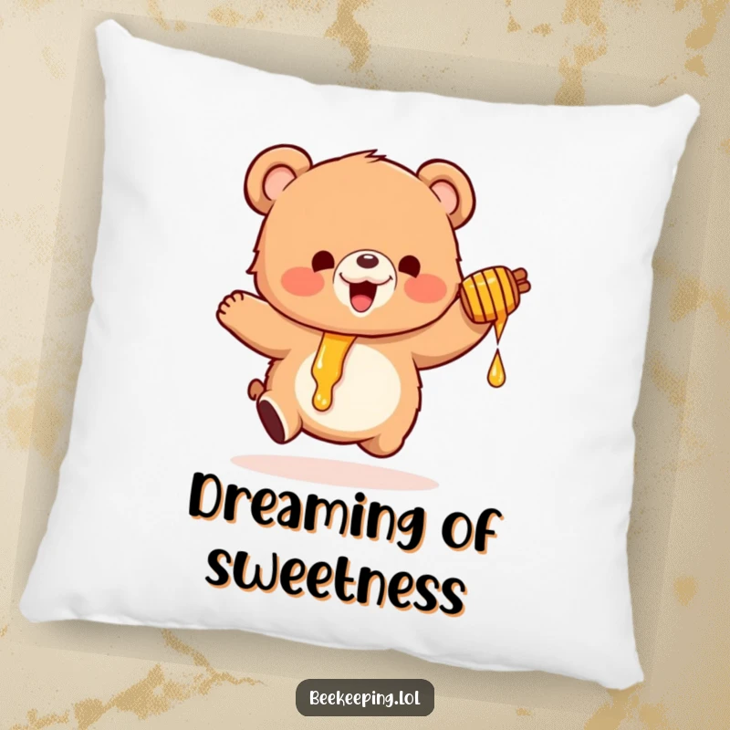 Funny pillow with a small, fluffy bear bouncing ecstatically, honey pot dripping, offering comfort and cheer.