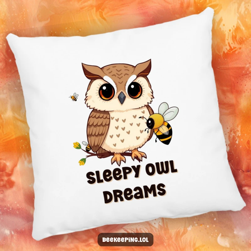 Funny pillow with a curious owl observing busy bees, offering comfort and a touch of whimsical humor.