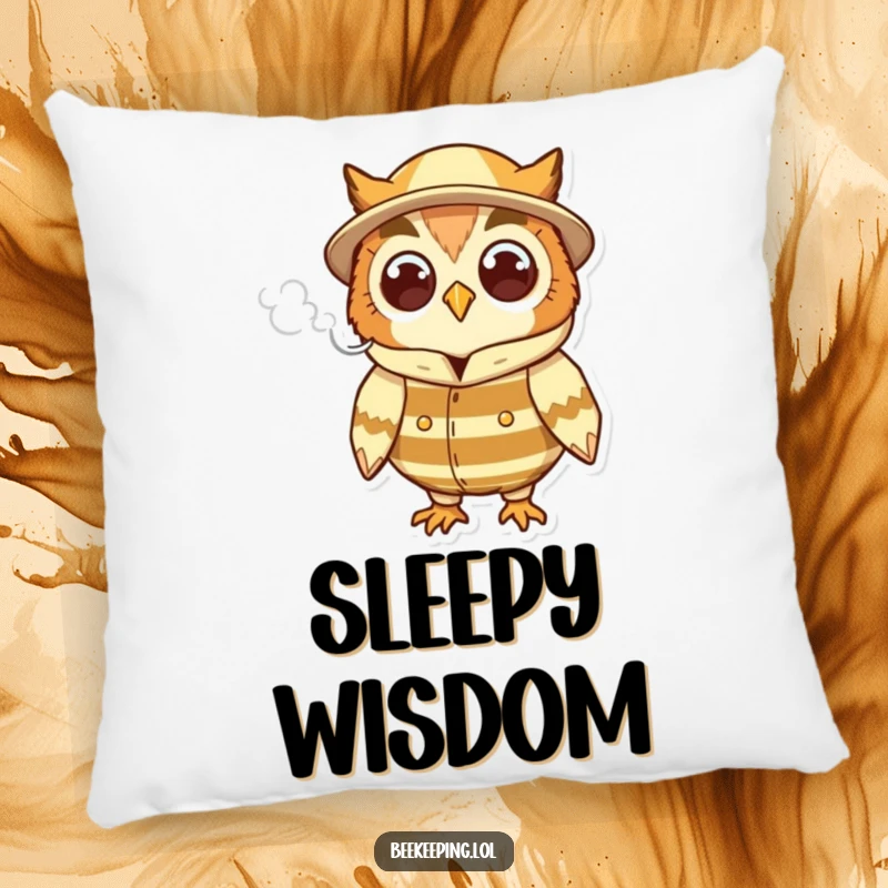 Funny cheerful owl in a beekeeper suit, holding a puff of smoke, a soft and humorous decorative pillow.