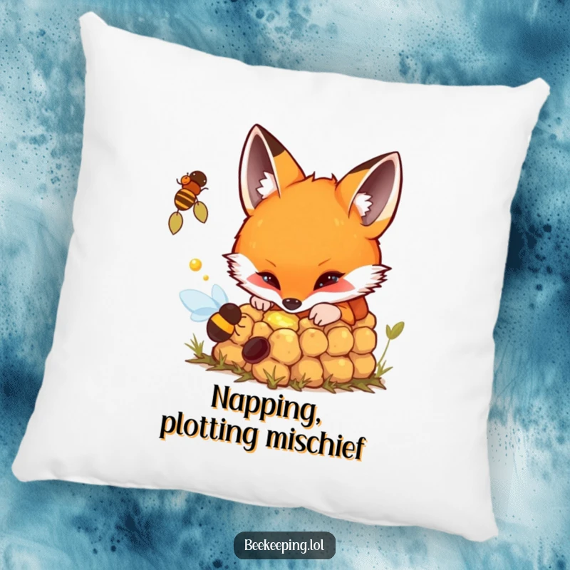 Funny pillow featuring a fox curiously peering into a bubbling beehive, with an intrigued expression.