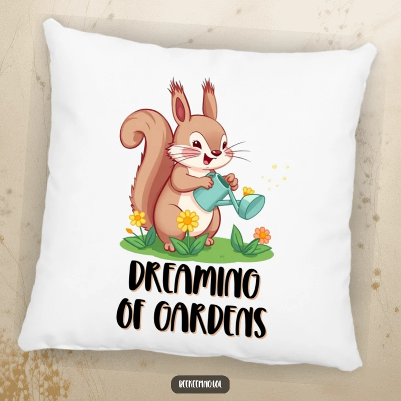 Funny Squirrel Watering Flower Pillow: A happy squirrel waters a flower with a small can, a cozy and charming accent.