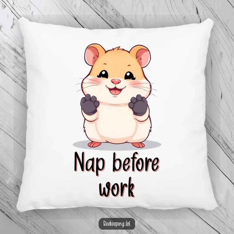 Funny hamster pillow with a smiling hamster wearing tiny work gloves, a soft and humorous item.