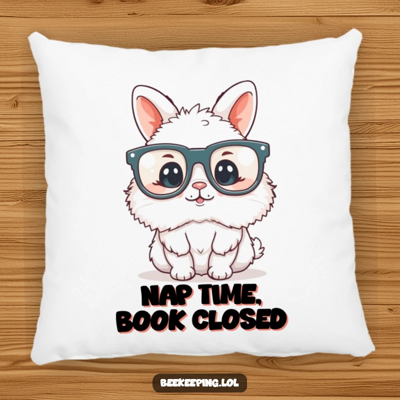 Funny fluffy bunny wearing oversized reading glasses, featured on a soft pillow, bringing cozy and humorous literary vibes to decor.