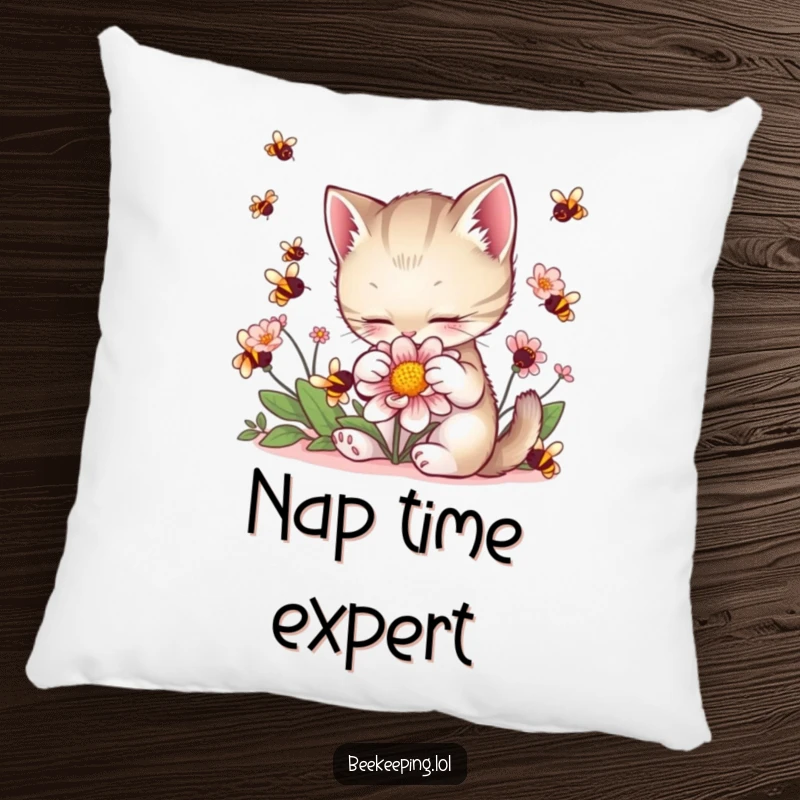 Funny Kitten Flower Pillow: A fluffy kitten delicately pets a flower, surrounded by busy bees, a cozy and cute accent.