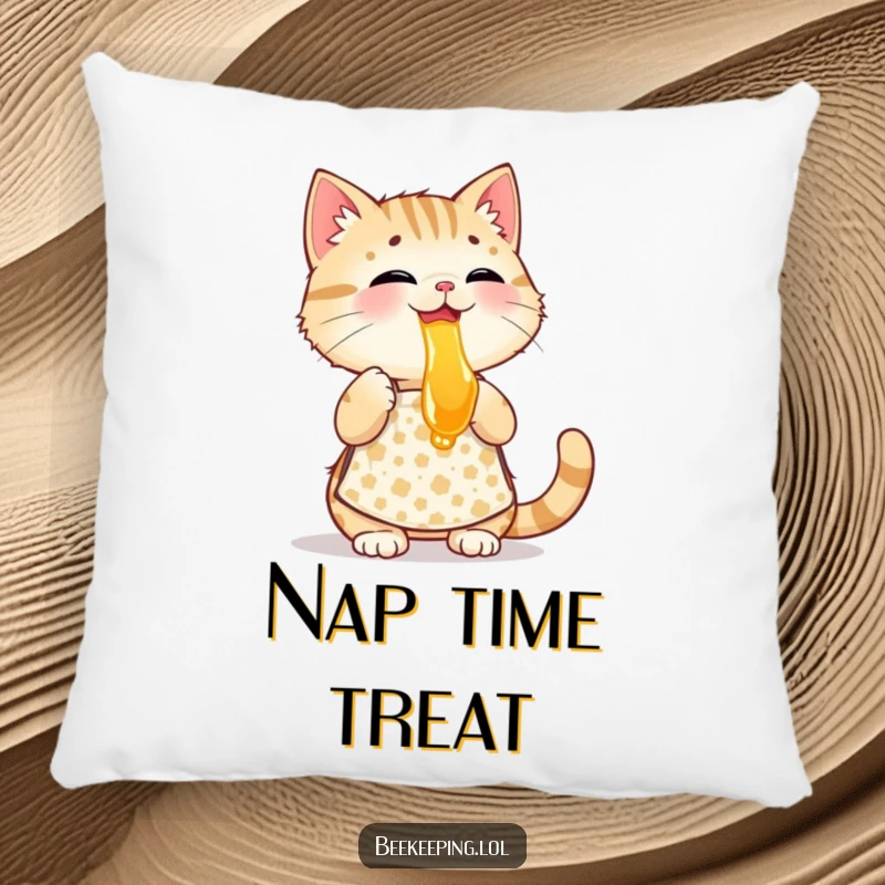 Funny playful cat wearing a patterned apron, tasting honey, a soft and humorous decorative pillow.