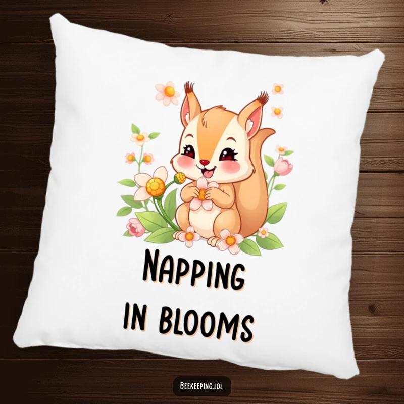 Funny pillow with a smiling squirrel gathering nectar from a flower, offering comfort and a touch of nature's humor.
