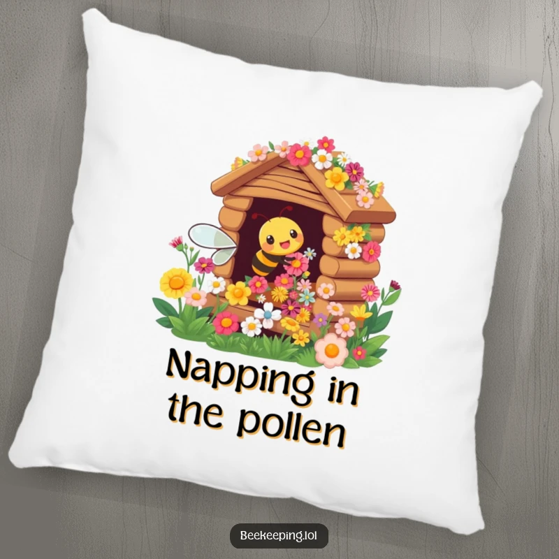 Funny pillow showcasing a busy bee diligently tending to a vibrant flower hive, full of life and color.