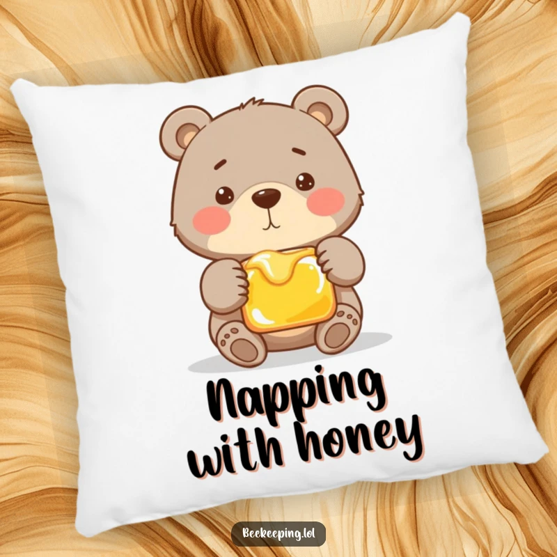 Funny pillow depicting a proud bear tenderly holding a frame of honey. Soft, humorous, and decorative for any cozy space.