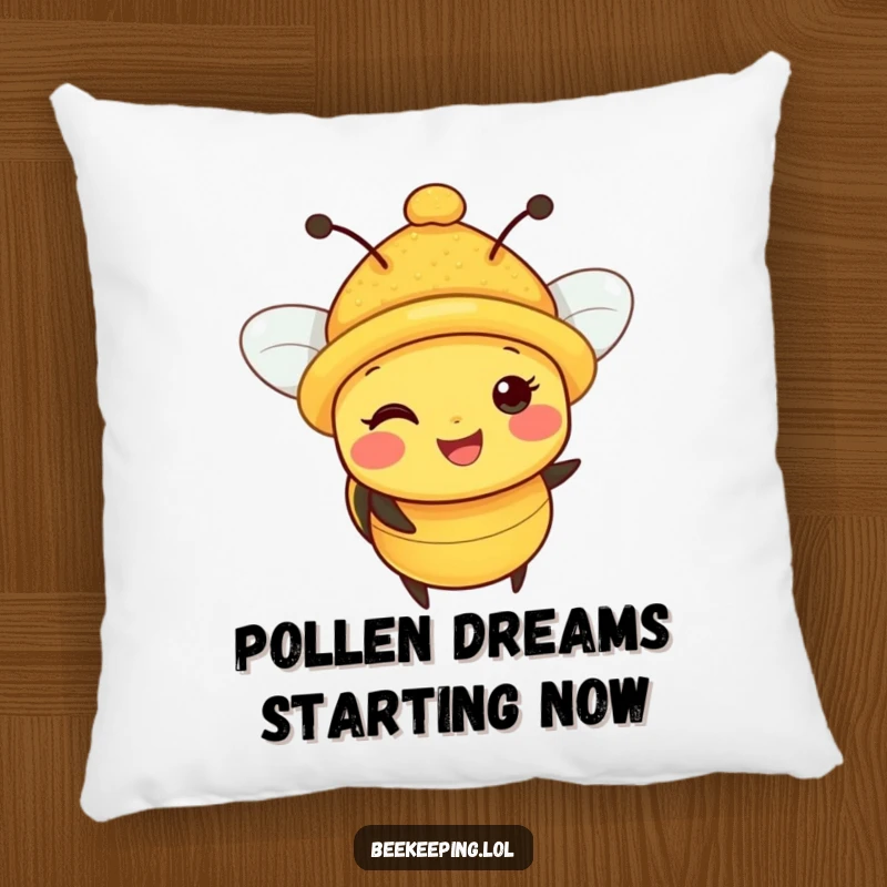 Funny Bee Pillow: A plush pillow featuring a very happy bee whose tiny hat is completely engulfed in pollen.